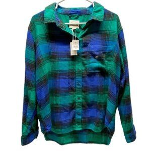 American Eagle AEO Women's Classic Soft Flannel Shirt Small Blue Green Black NWT